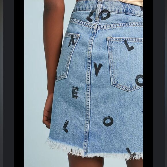 Current Elliot Love Letter Denim Step Ladder Hem Mini Skirt All Over Print - Picture 2 of 10